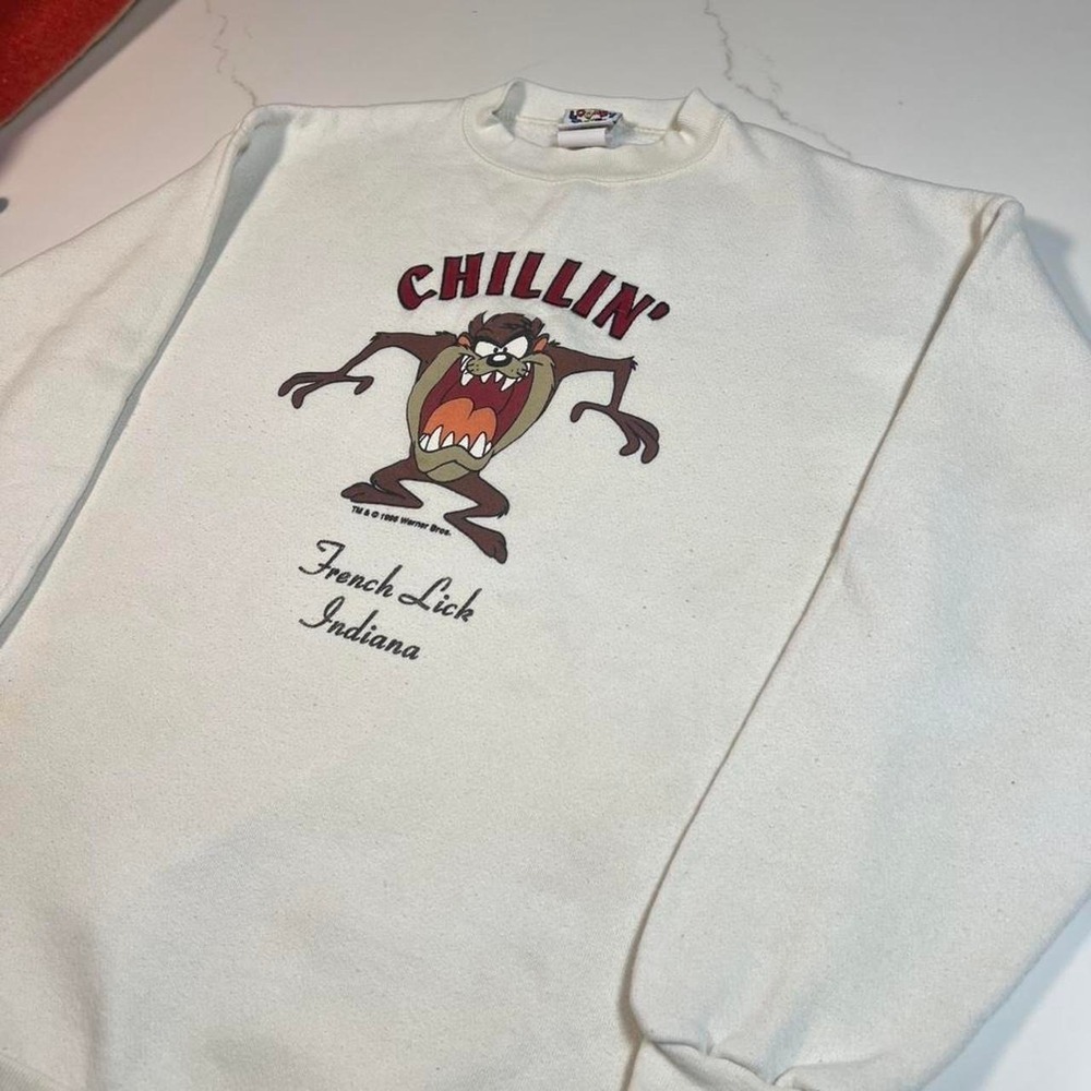 Looney Tunes Sweatshirt Mens Large White Taz Chillin French Lick Indiana 1996